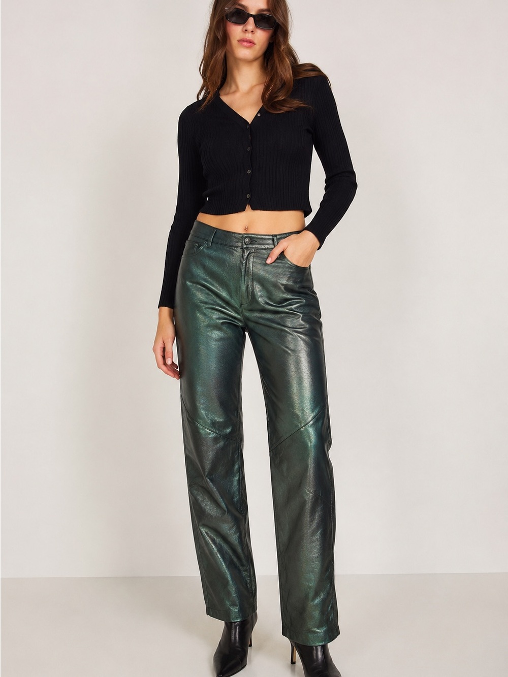 Vintage Hugo Buscati Metallic Green Leather Pants | Size 8 | Good Condition
